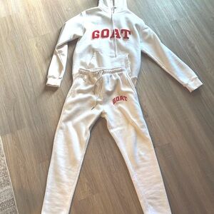 White Hoodie and Sweatpants Set with Red Lettering